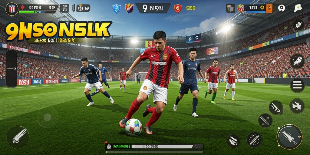 Screenshot utama 9N9N menunjukkan aksi seru di lapangan sepak bola.