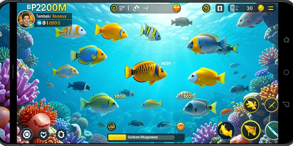 Tampilan gameplay P200M dengan berbagai ikan berwarna-warni dan senjata menembak.