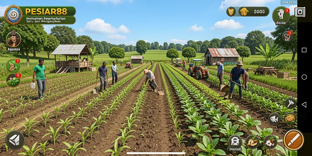 Tampilan gameplay PESIAR88 yang menampilkan ladang subur dan hewan ternak.