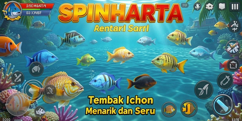 Gameplay seru SPINHARTA dengan berbagai ikan untuk ditembak.